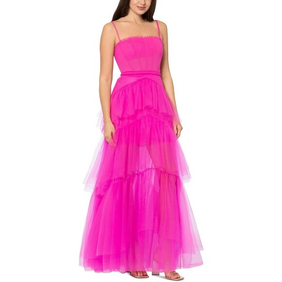 Betsy & Adam Tiered Tulle Ruffle Corset Gown Dress Sz 10 Hot Pink Mesh NEW $308 - Picture 2 of 10